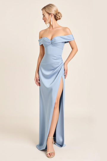 Dusty Blue Mermaid Off the Shoulder Ruched Long Bridesmaid Dress with Slit